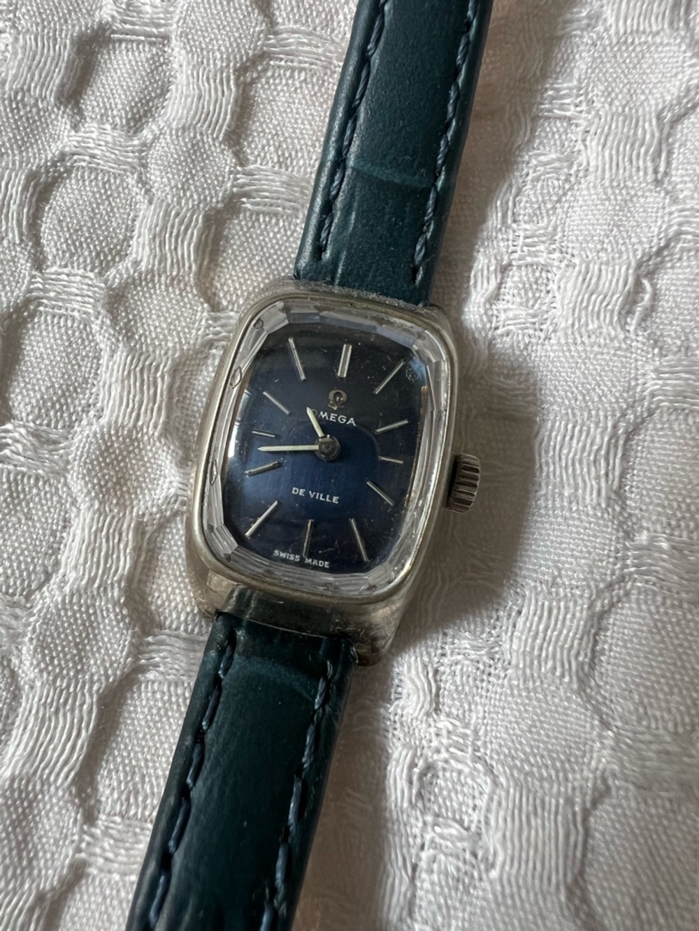 Vintage Omega De Ville Blue Dial Leather Strap Watch